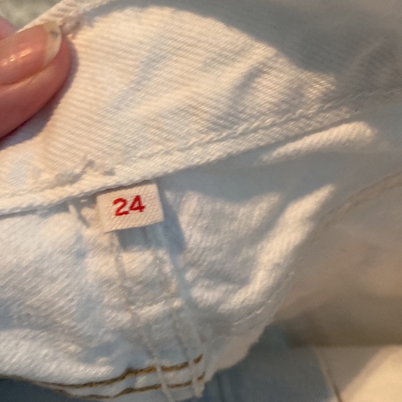 Denim duo shorts and skirt (Levi)  with frayed bottoms. - Picture 6 of 8